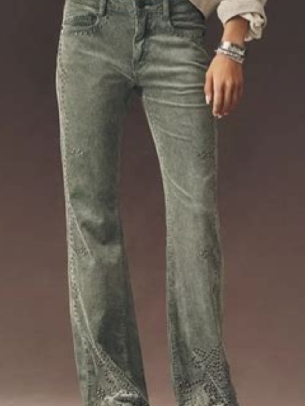 Pilcro Green Corduroy Flare Jeans with Stud Embellishments